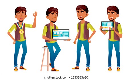 Arab, Muslim Boy Poses Set Vector. High School Child. Programmer, Technology.  Winner. Young People, Face, Cheerful. For Postcard, Cover, Placard Design. Isolated Cartoon Illustration