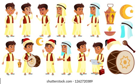 Arab, Muslim Boy Schoolboy Kid Poses Set Vector. School Child. Celebrating Ramadan Kareem. Life, Emotional. For Banner, Flyer, Web Design. Isolated Illustration