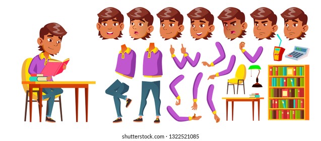 Arab, Muslim Boy Schoolboy Kid Vector. Primary School Child. Animation Creation Set. Cheerful Pupil. Teenager, Classroom. For Design. Face Emotions, Gestures. Animated. Illustration