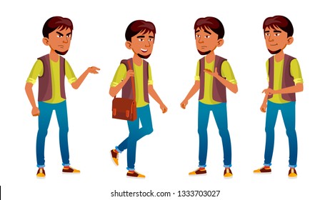 Arab, Muslim Boy Schoolboy Kid Poses Set Vector. Secondary Education. Young, Cute, Comic. For Presentation, Print, Invitation Design. Isolated Cartoon Illustration