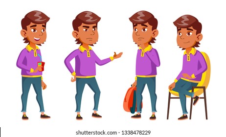 Arab, Muslim Boy Schoolboy Kid Poses Set Vector. Primary School Child. Funny Children. Lesson. Junior. Lifestyle, Friendly. For Advertising, Booklet, Placard Design. Isolated Cartoon Illustration