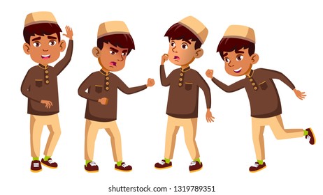 Arab, Muslim Boy Set Vector. Primary School Child. Cheerful Pupil. Teenager, Classroom. For Postcard, Announcement, Cover Design. Isolated Cartoon Illustration
