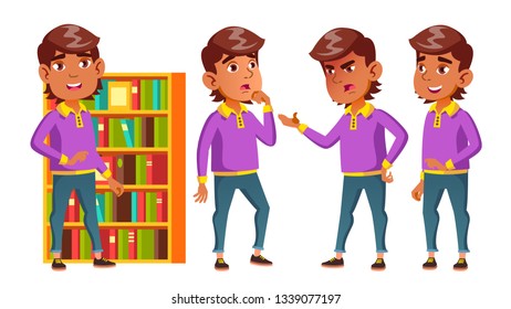 Arab, Muslim Boy Set Vector. Primary School. Funny Children. Lesson.  Lifestyle, Friendly. Library, Books. Isolated Cartoon Illustration