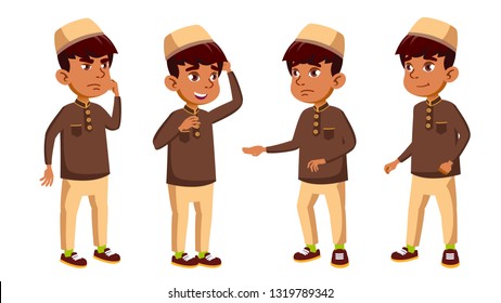 Arab, Muslim Boy Vector. Primary School Child. Education. Subject. Teen. For Presentation, Print, Invitation Design. Isolated Cartoon Illustration