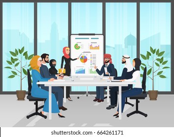 Arab Muslim Business People Group Presentation In Office. Arabic Businesspeople Team Training Conference. Meeting Cartoon Flat Vector Illustration.