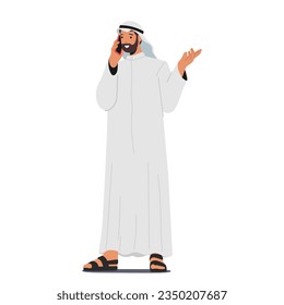 Arab Muslim Businessman Character Conversing On Mobile Phone, Discussing Deals And Making Connections, Showcasing Modern Communication And Entrepreneurial Spirit. Cartoon People Vector Illustration