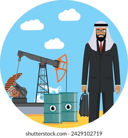 Arab Muslim Businessman with Oil pump and Barrels for Fuel. Vector Illustration