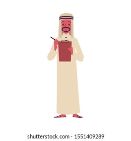 Arab or muslim businessman in the traditional dress makes notes at the tablet flat cartoon vector character illustration isolated on white background. Religious diversity.