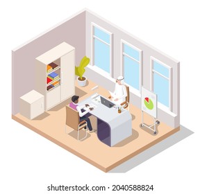 Arab muslim businessman wearing thawb, arabic male traditional dress working at office, flat vector isometric illustration. Office situation, workplace, workflow.