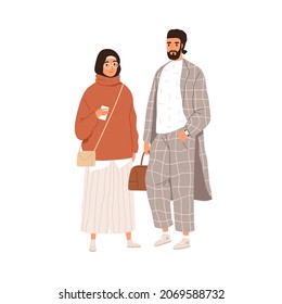 Arab Muslim couple of modern man and woman. Portrait of Arabian female in hijab and loose casual clothes and male in fashion suit. Islamic people. Flat vector illustration isolated on white background