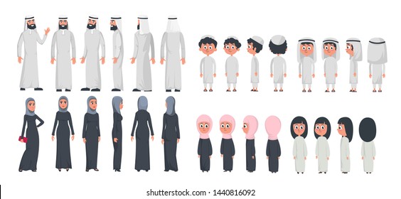 Arab muslim family characters isolated on white background. Muslim husband, wife and children wearing arabic clothing front, rear, side view. Vector illustration in flat style.