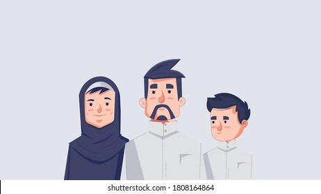 An Arab Muslim family consisting of a father, mother and son 