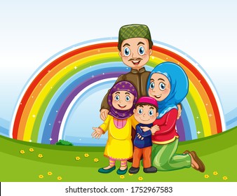 Arab muslim family in traditional clothing with rainbow background illustration