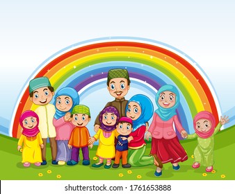 Arab muslim family in traditional clothing and rainbow background illustration