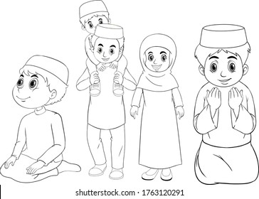 Arab muslim family in traditional clothing in outline illustration