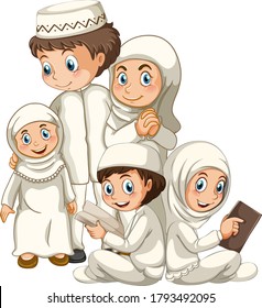 Arab muslim family in traditional clothing isolated on white background illustration