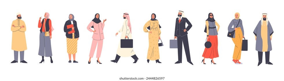 Arab Muslim fashionable modern men and women dressed according to Muslim fashion and religious custom, flat cartoon vector illustration isolated on white background.