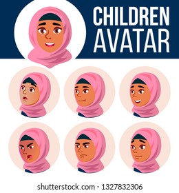 Arab, Muslim Girl Avatar Set Kid Vector. Primary School. Face Emotions. Facial, People. Cheer, Pretty. Card, Advert. Cartoon Head Illustration