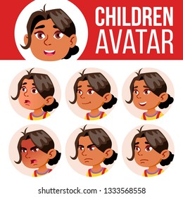Arab, Muslim Girl Avatar Set Kid Vector. Kindergarten. Face Emotions. Cartoon, Comic, Flat. Little, Cute, Comic. Postcard, Announcement. Cartoon Head Illustration
