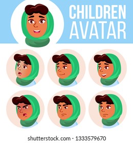 Arab, Muslim Girl Avatar Set Kid Vector. Primary School. Face Emotions. Emotions, Emotional. Friendly, Head Illustration