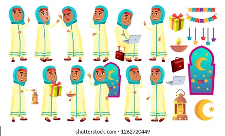 Arab, Muslim Girl Kid Poses Set Vector. Primary School Child. Celebrating Ramadan Kareem. Education. For Card, Advertisement, Greeting Design. Isolated Illustration
