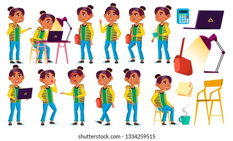 Arab, Muslim Girl Kid Poses Set Vector. High School Child. Teenage. Beauty, Lifestyle, Friendly. For Web, Poster, Booklet Design. Isolated Cartoon Illustration