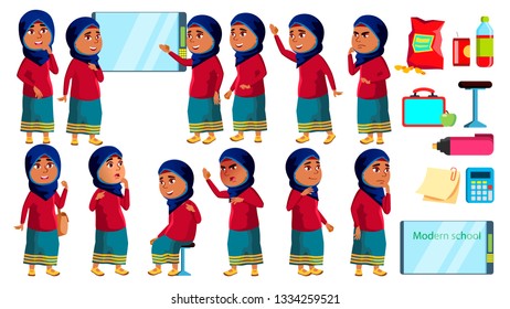 Arab, Muslim Girl Kid Poses Set Vector. High School Child. Schoolchild. Funny, Friendship, Happiness Enjoyment. For Banner, Flyer, Web Design. Isolated Cartoon Illustration