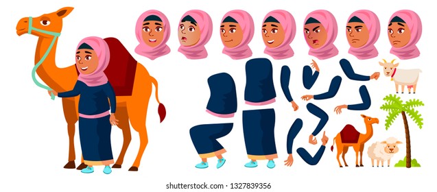 Arab, Muslim Girl Kid Vector. Animation Creation Set. Face Emotions, Gestures. Active, Joy, Leisure. Camel, Palm, Goat, Sheep. For Advertisement, Announcement Design. Animated. Cartoon Illustration