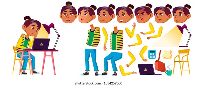 Arab, Muslim Girl Kid Vector. High School Child. Animation Creation Set. Face Emotions, Gestures. Children Study. Knowledge, Learn, Lesson. Print, Invitation Design. Animated. Illustration
