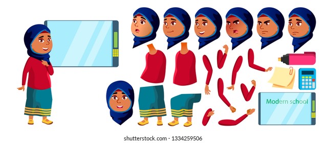 Arab, Muslim Girl Kid Vector. High School Child. Animation Creation Set. Face Emotions, Gestures. Schoolchild. September, Schoolchildren, Teen. Web, Brochure, Poster Design. Animated. Illustration