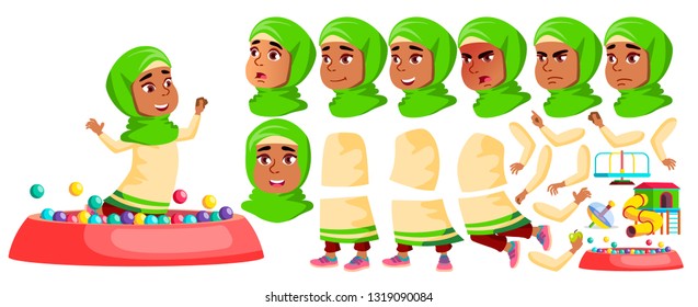 Arab, Muslim Girl Kindergarten Kid Vector. Animation Creation Set. Face Emotions, Gestures. Preschool, Childhood. Friend. For Banner, Flyer, Brochure Design. Animated. Isolated Cartoon Illustration