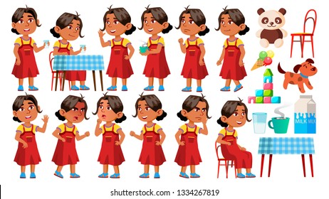 Arab, Muslim Girl Kindergarten Kid Poses Set Vector. Character Playing. Childish. Casual Clothe. For Presentation, Print, Invitation Design. Isolated Cartoon Illustration