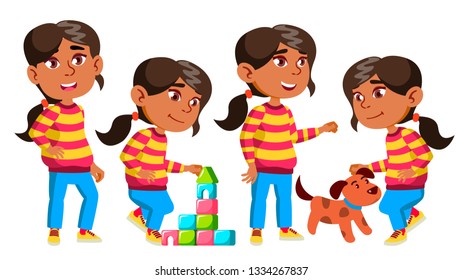 Arab, Muslim Girl Kindergarten Kid Poses Set Vector. Baby Expression. Preschooler. Life. For Postcard, Announcement, Cover Design. Isolated Cartoon Illustration
