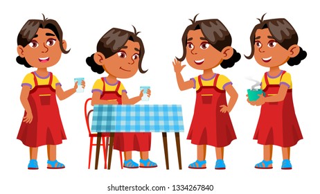Arab, Muslim Girl Kindergarten Kid Poses Set Vector. Kiddy, Child Expression. Junior. For Postcard, Cover, Placard Design. Isolated Cartoon Illustration

