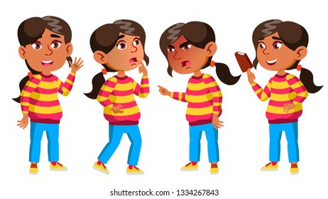 Arab, Muslim Girl Kindergarten Kid Poses Set Vector. Playful Positive Small Baby. For Presentation, Print, Invitation Design. Isolated Cartoon Illustration
