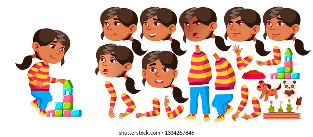 Arab, Muslim Girl Kindergarten Kid Vector. Animation Creation Set. Face Emotions, Gestures. Happy Children Character. Babysitting. Card, Advertisement, Greeting Design. Animated. Isolated Illustration