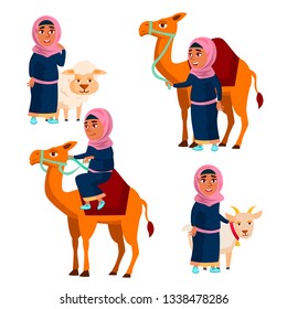Arab, Muslim Girl Set Vector. Traditional Clothes. Camel, Sheep, Goat. For Web, Poster, Booklet Design. Isolated Cartoon Illustration