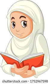 Arab muslim girl in traditional clothing in reading book position isolated on white background illustration