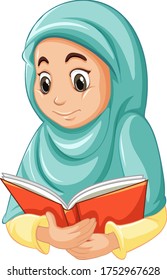 Arab muslim girl in traditional clothing in reading book position isolated on white background illustration