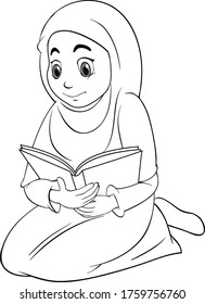 Arab muslim girl in traditional clothing reading book position outline illustration