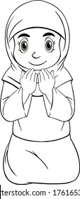 Arab muslim girl in traditional clothing praying sitting position outline illustration