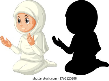 Arab muslim girl in traditional clothing in color and silhouette isolated on white background illustration