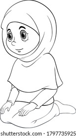 Arab muslim girl in traditional clothing praying sitting position outline illustration