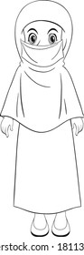 Arab muslim girl in traditional clothing standing position outline illustration