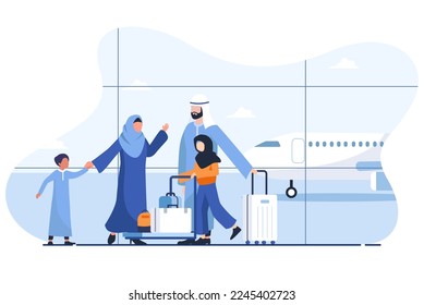 Arab Muslim Happy family at the airport. Family day or celebration flat design cartoon Vector illustration. can be used for family time on weekend concept or tourism and travel activities