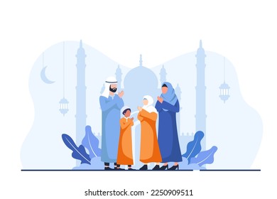 Arab Muslim happy family leisure time in afternoon or weekend. Mother Father and children get ready to pray. Spiritual event in religion concept cartoon flat vector Illustration