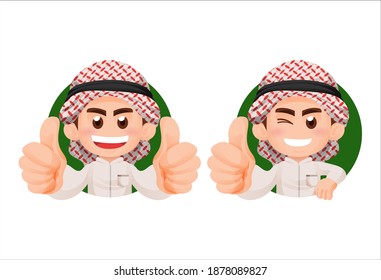 Arab Muslim Kid Boy in Traditional Clothes Thumbs Up and Smile Mascot Illustration Concept