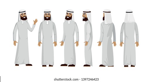 Arab muslim man character isolated on white background. Muslim man wearing traditional clothing front, rear, side view. Vector arab illustration in flat style.