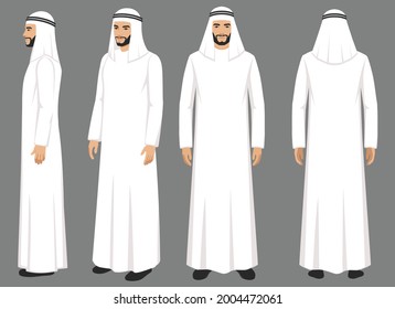 Arab muslim man character isolated on white background. Muslim man wearing traditional clothing front, rear, side view.
 Vector arab illustration in flat style