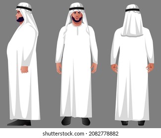 arab muslim man character wearing traditional clothing front back and side view vector arab illustration in flat style